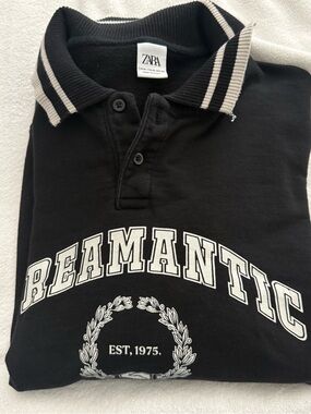 Zara Black Polo with White Collegiate Graphic
